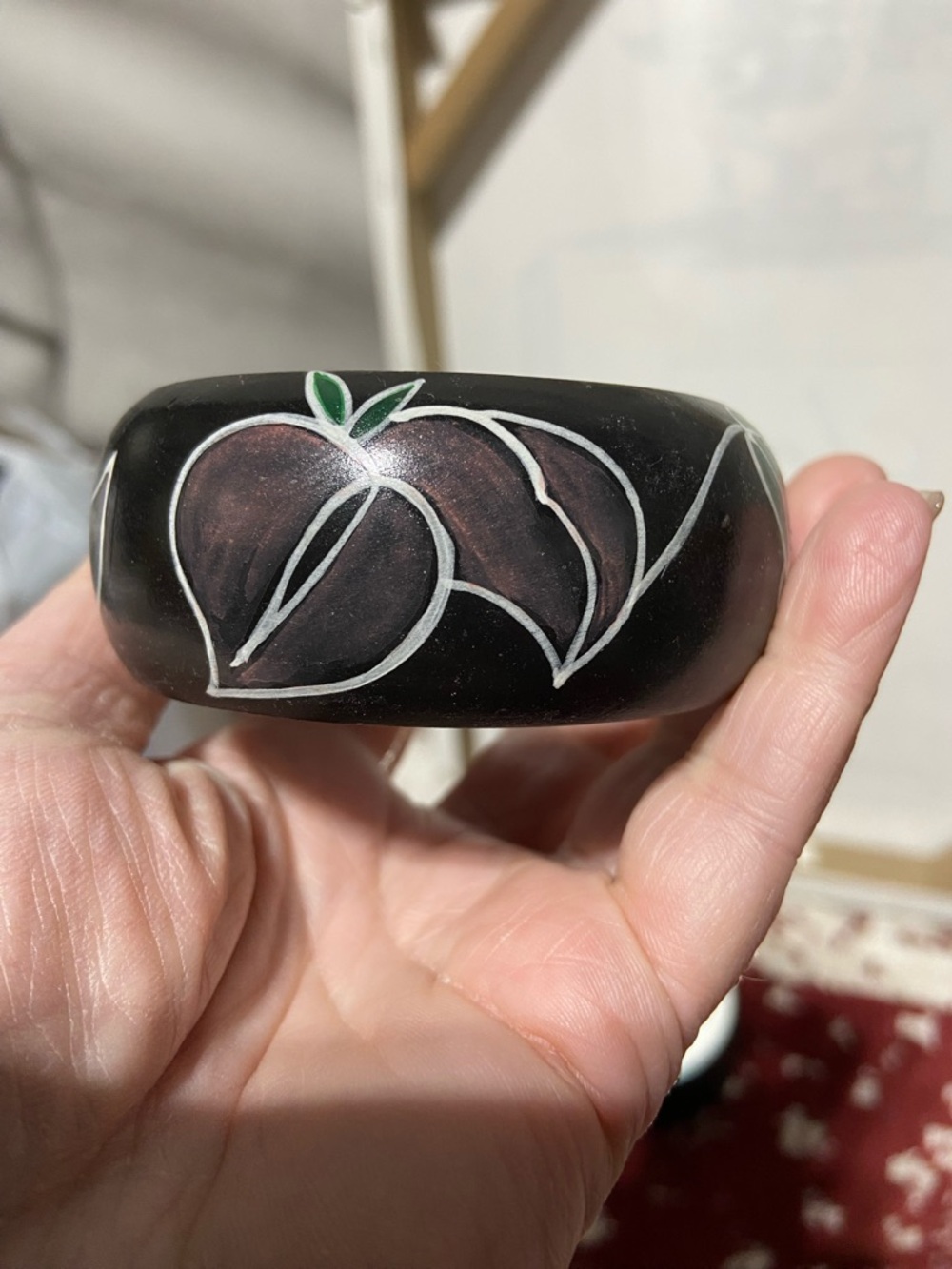 Vintage Painted Wood Bangle Bracelet Black Floral Chunky - Picture 3 of 8